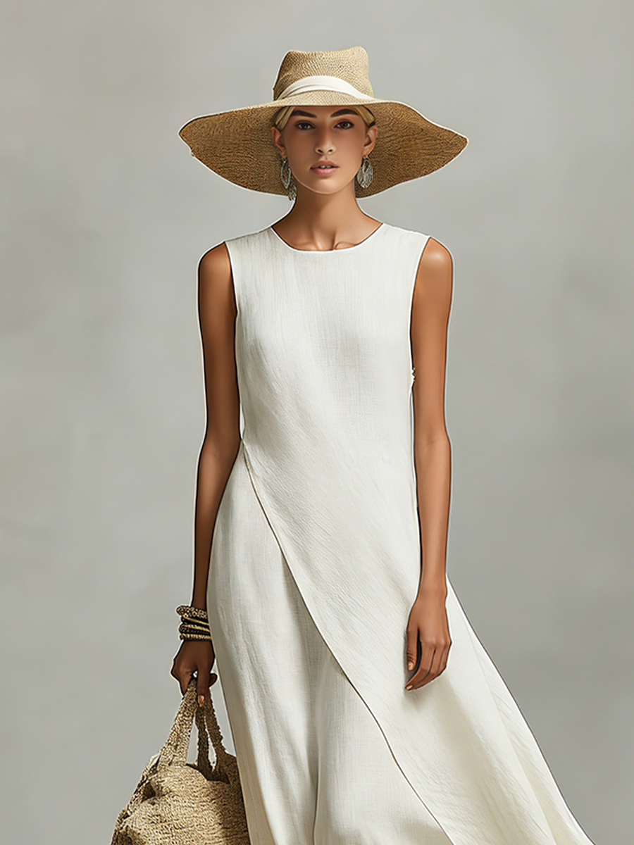 Women's Linen Maxi Dress Sleeveless Asymmetric Hem Casual Beach 2