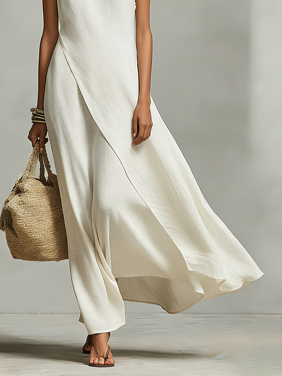Women's Linen Maxi Dress Sleeveless Asymmetric Hem Casual Beach 3