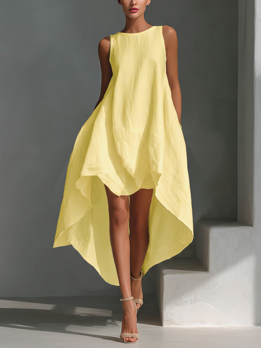 Women's Linen Midi Dress Sleeveless Asymmetric Hem Summer Casual 2