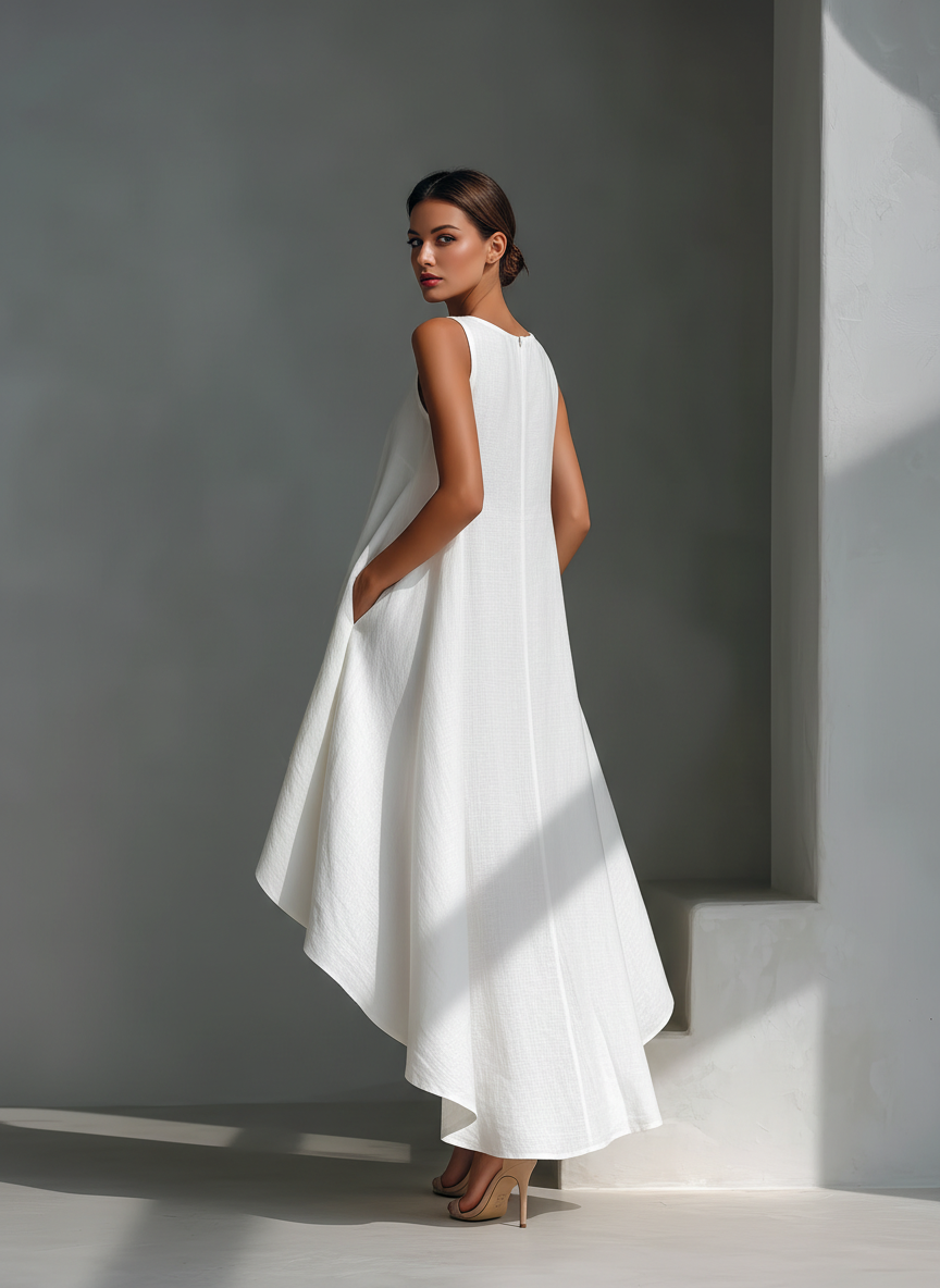 Women's Linen Midi Dress Sleeveless Asymmetric Hem Summer Casual 7
