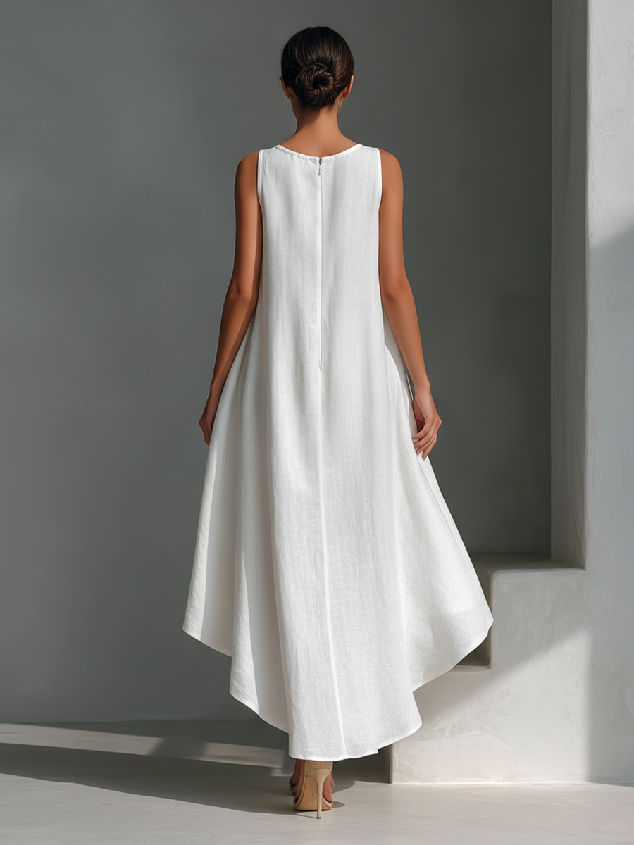 Women's Linen Midi Dress Sleeveless Asymmetric Hem Summer Casual 8