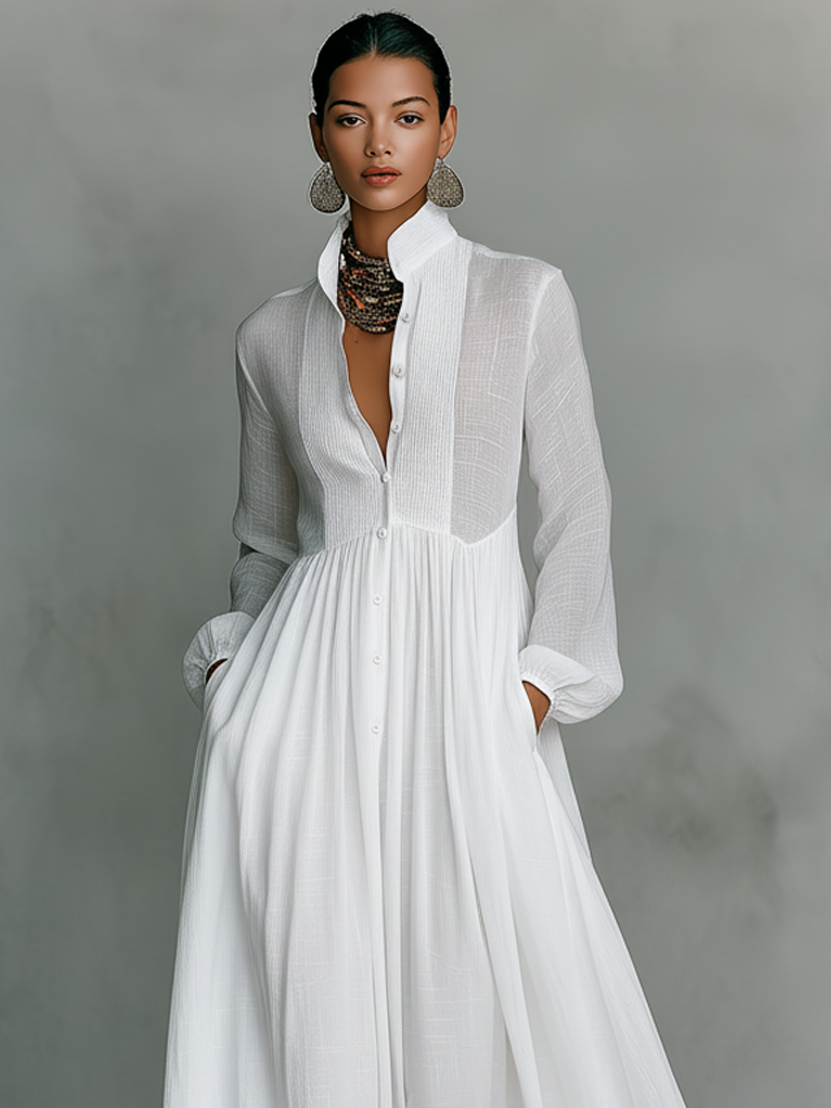 Women's Maxi Dress Cotton Linen Patchwork Single-Breasted Stand-Up Collar Long Sleeve 1
