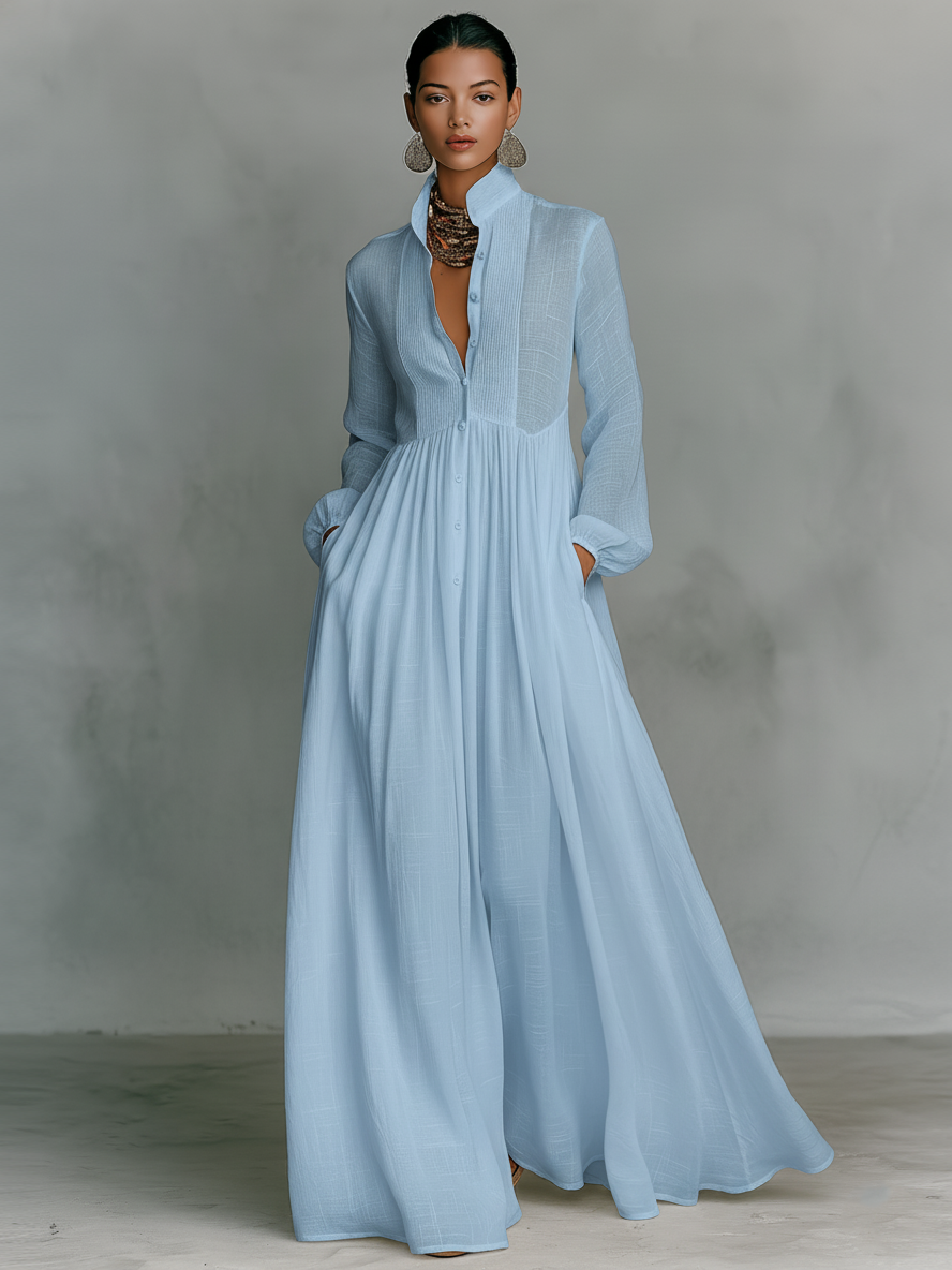 Women's Maxi Dress Cotton Linen Patchwork Single-Breasted Stand-Up Collar Long Sleeve 4