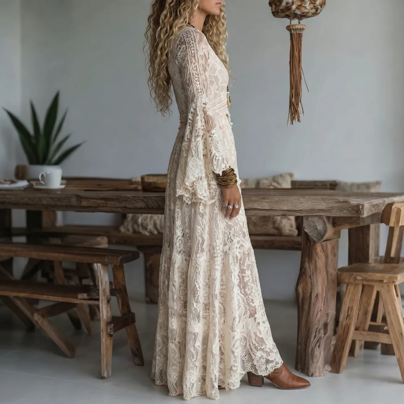 Women's Maxi Dress Deep V-Neck Flared Long Sleeves Solid Color Summer Dress 1
