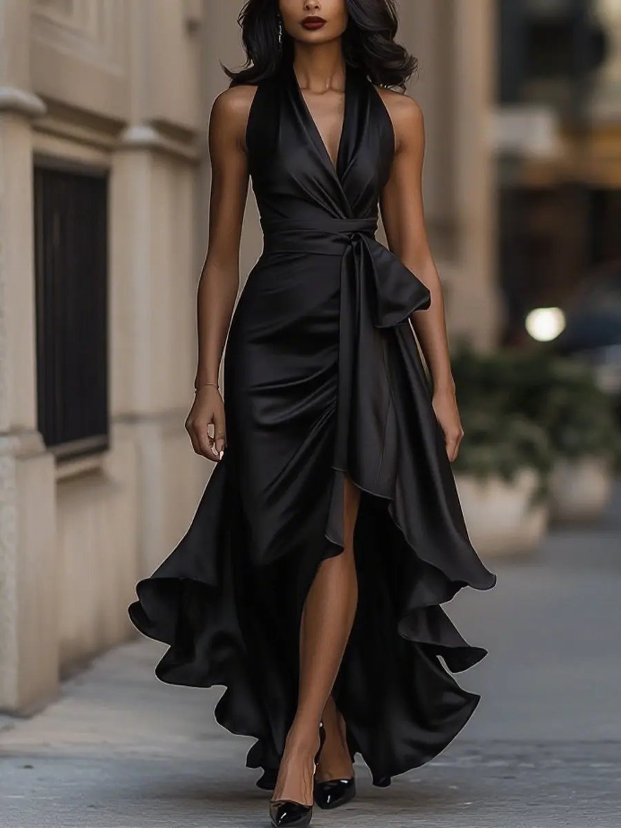 Women's Maxi Dress Halter V-Neck Ruffle Hem Light-Reflective Fabric Formal 0