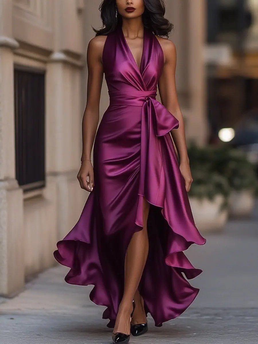Women's Maxi Dress Halter V-Neck Ruffle Hem Light-Reflective Fabric Formal 7