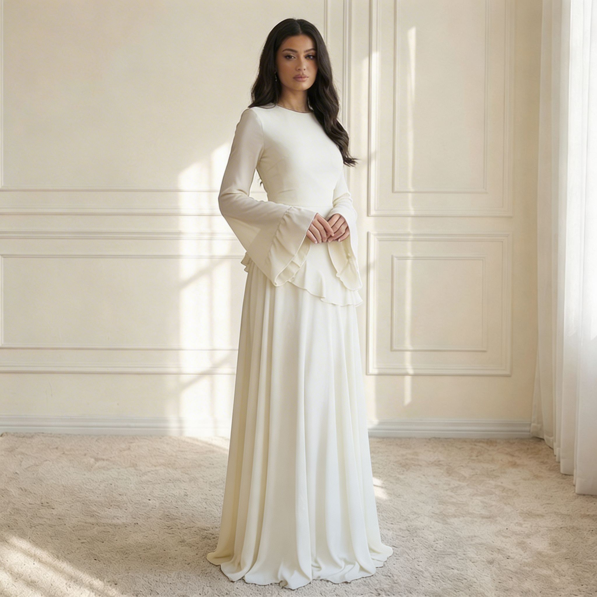 Women's Maxi Dress Ruffle Trim V-Neck Flowing Silhouette 0