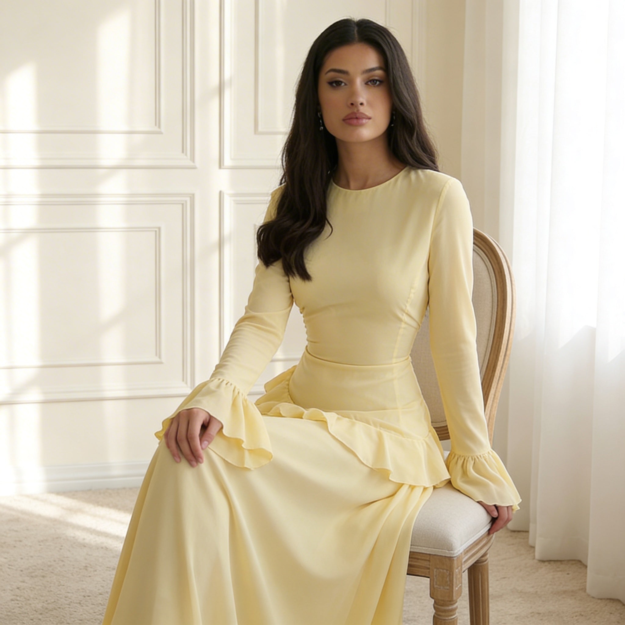 Women's Maxi Dress Ruffle Trim V-Neck Flowing Silhouette 2
