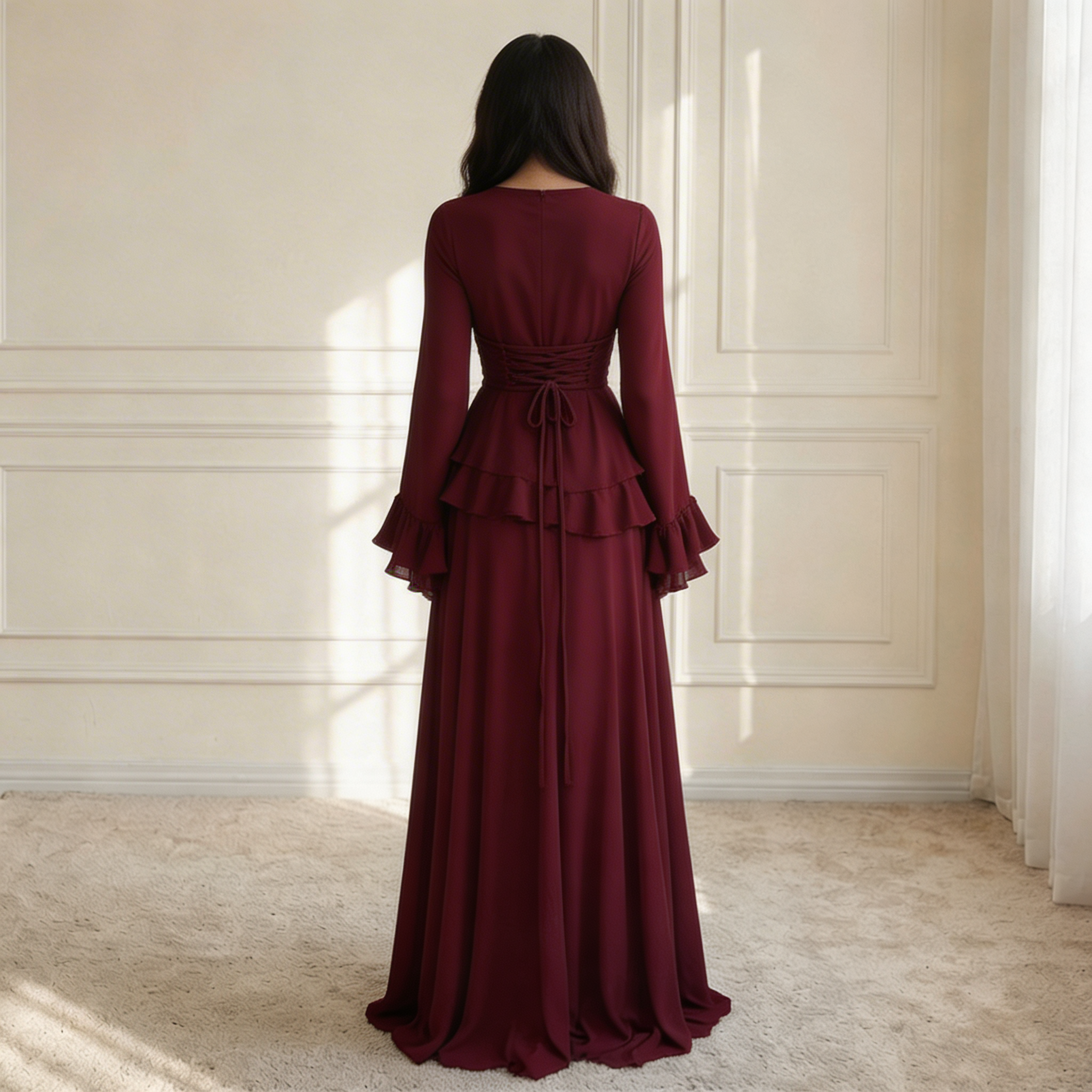 Women's Maxi Dress Ruffle Trim V-Neck Flowing Silhouette 6