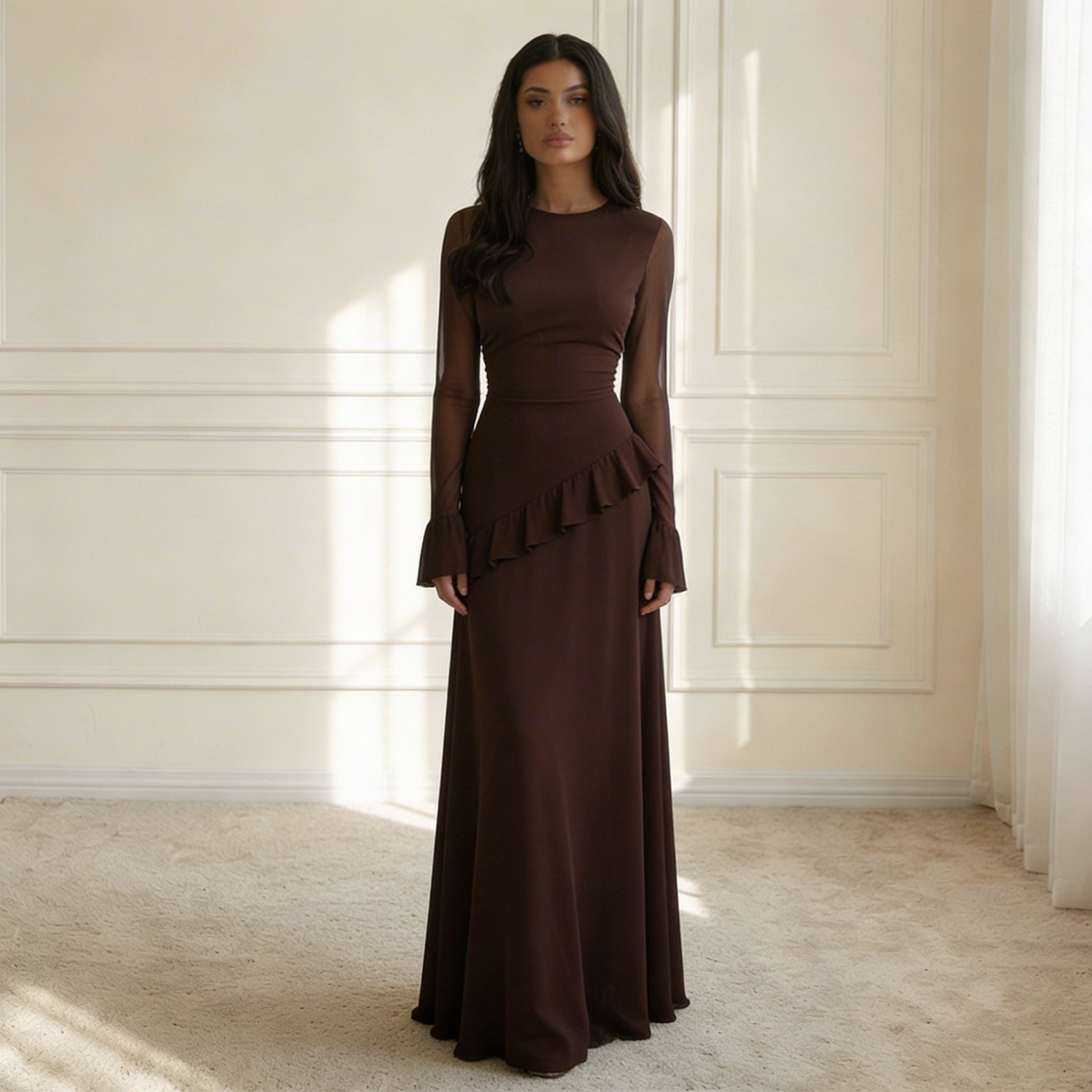 Women's Maxi Dress Ruffle Trim V-Neck Flowing Silhouette 8