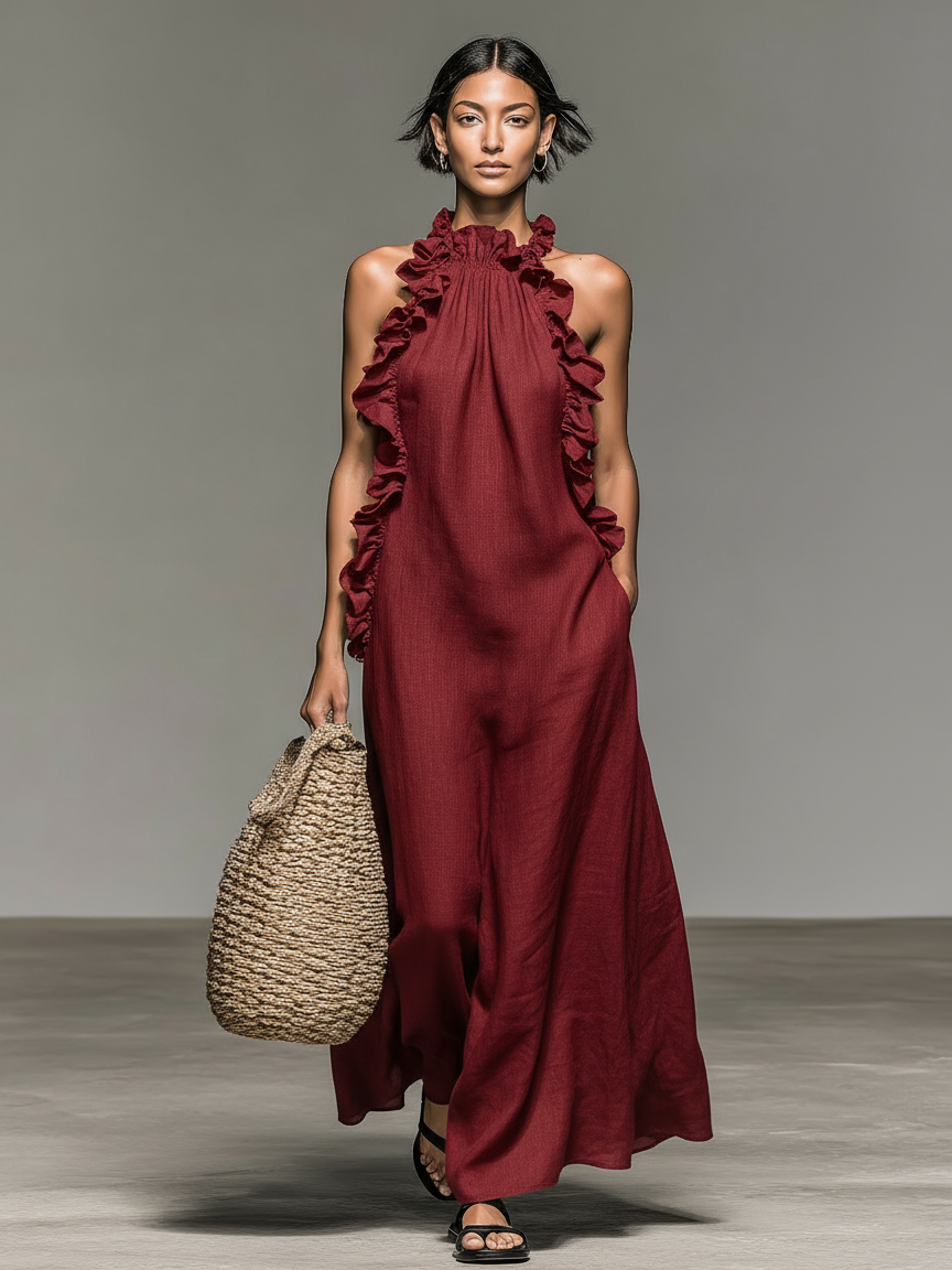Women's Maxi Dress Sleeveless Ruffle Linen Blend Casual Summer 2