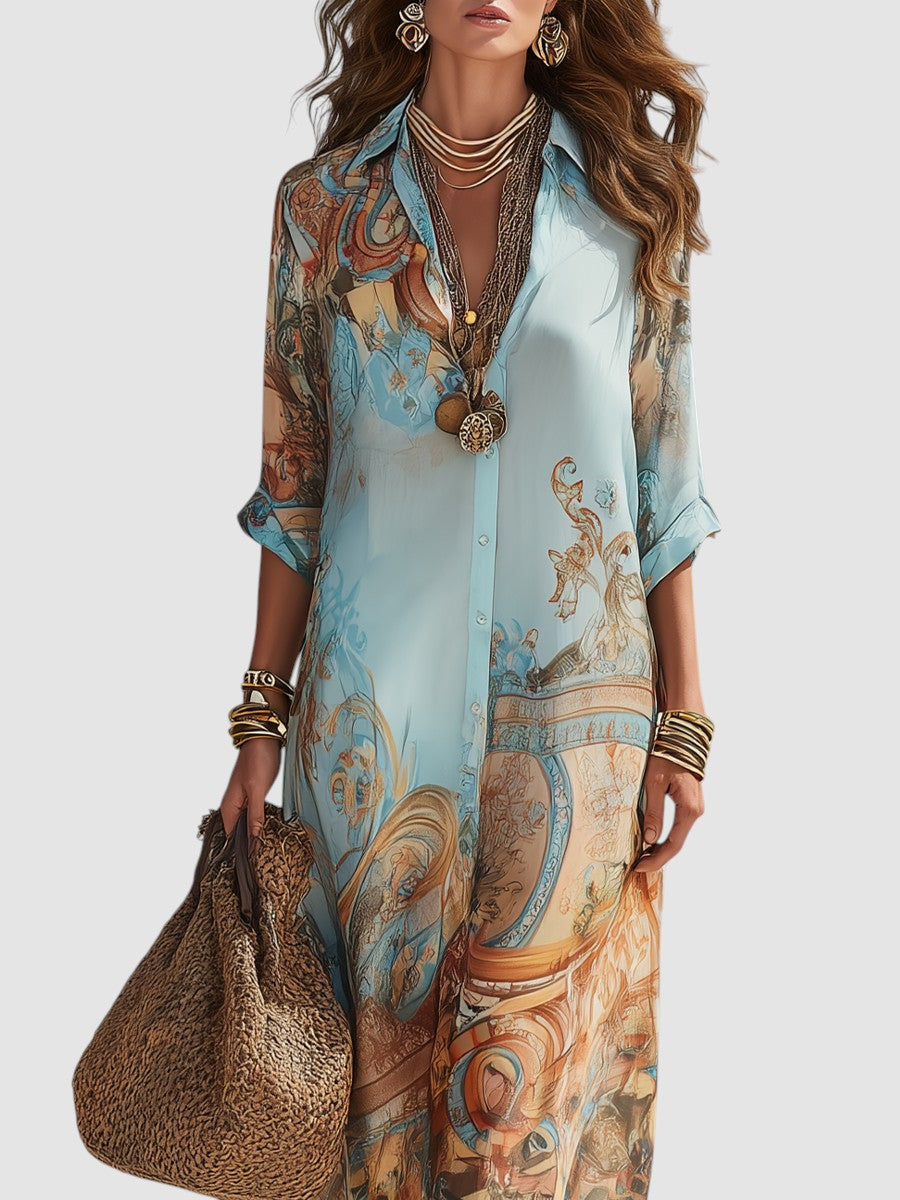 Women's Mediterranean Maxi Dress Lightweight Breathable Short Sleeve Summer 1