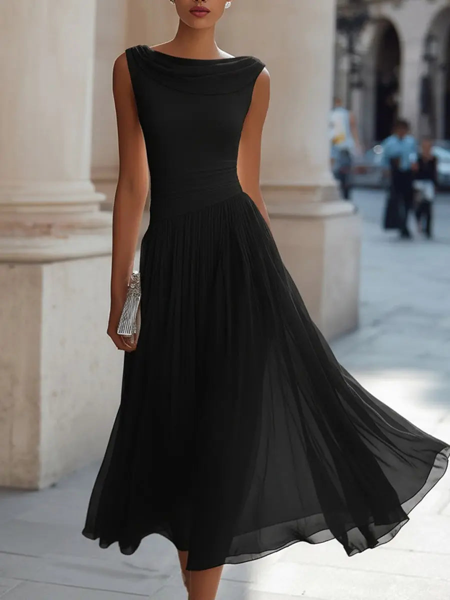 Women's Midi Dress Draped Neckline Sleeveless Solid Occasion Wear 1