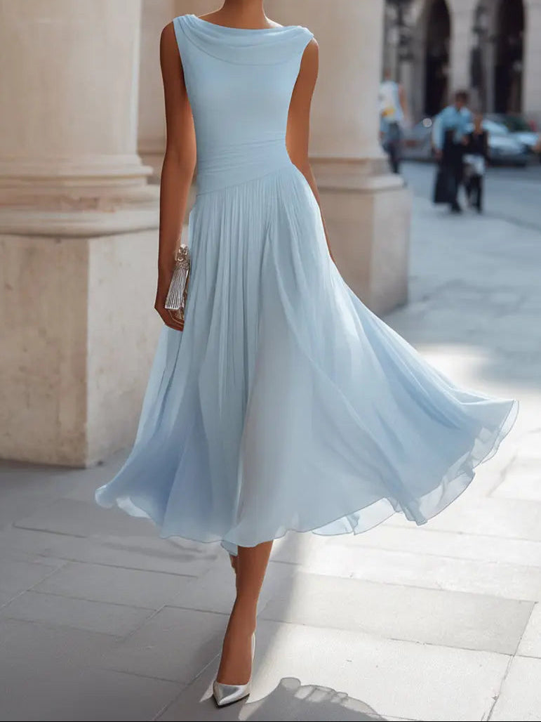 Women's Midi Dress Draped Neckline Sleeveless Solid Occasion Wear 3