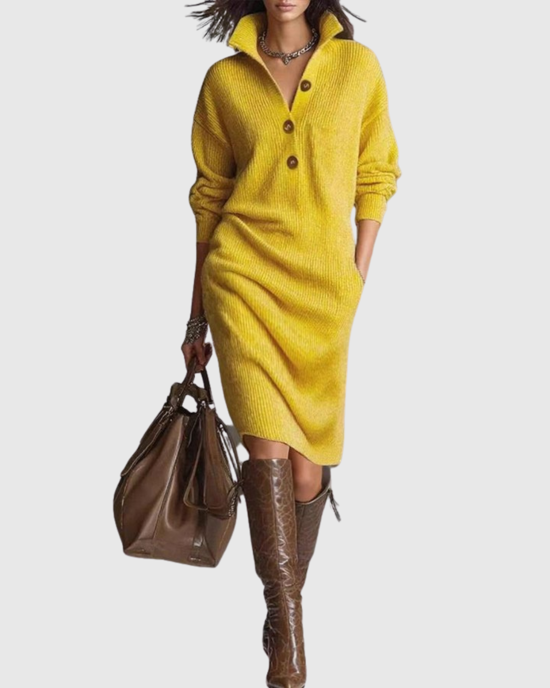 Women's Midi Dress Pure Wool Long Sleeve Ribbed Cozy Design 3