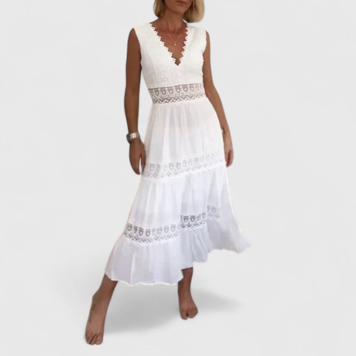 Women's Midi Dress V-Neck Crochet Lace Tiered Skirt Elegant Design 0