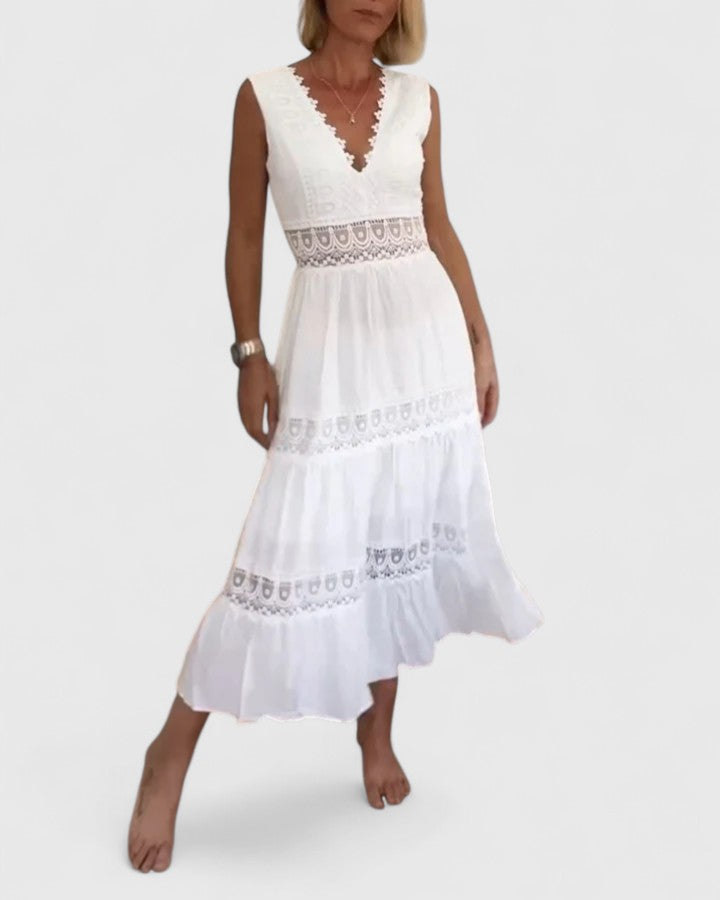 Women's Midi Dress V-Neck Crochet Lace Tiered Skirt Elegant Design 2