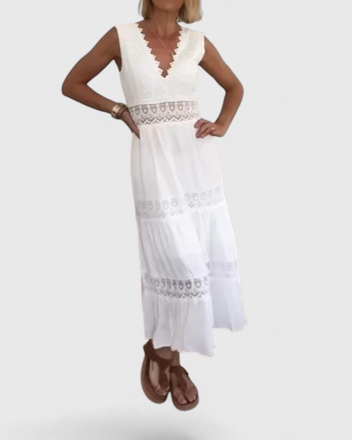 Women's Midi Dress V-Neck Crochet Lace Tiered Skirt Elegant Design 3