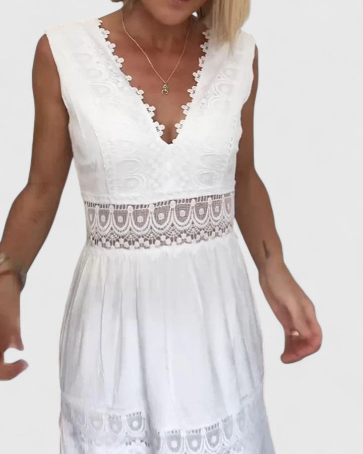 Women's Midi Dress V-Neck Crochet Lace Tiered Skirt Elegant Design 7