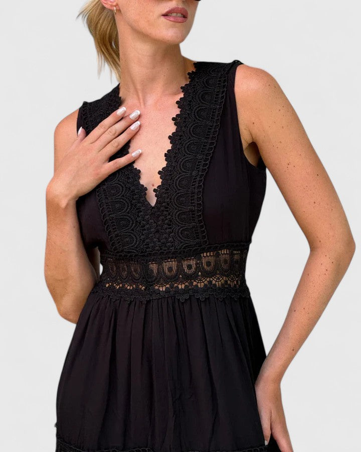 Women's Midi Dress V-Neck Crochet Lace Tiered Skirt Elegant Design 9