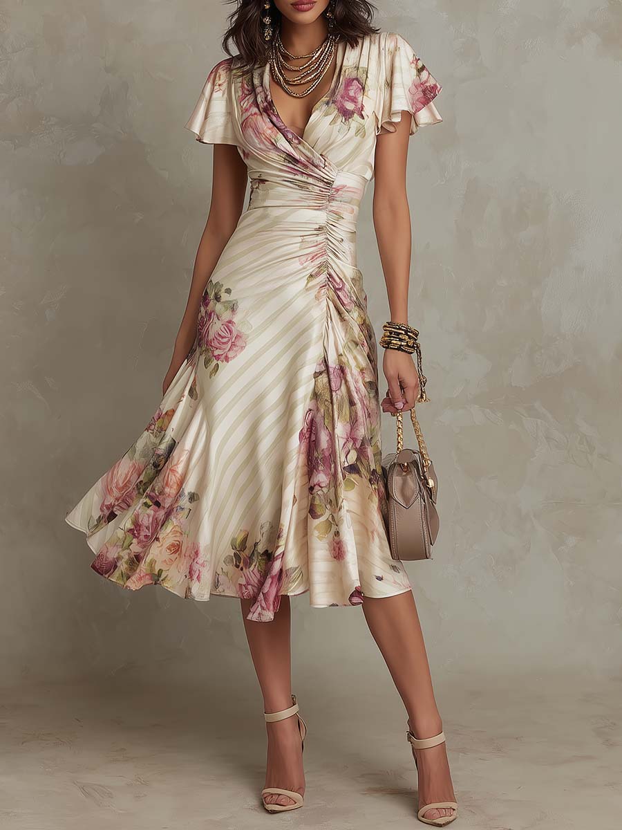 Women's Satin Midi Dress Wrap V-Neck Floral Ruching 0