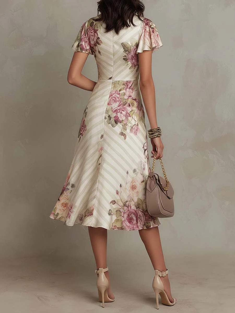Women's Satin Midi Dress Wrap V-Neck Floral Ruching 1