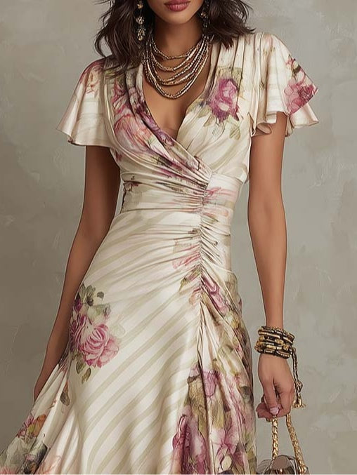 Women's Satin Midi Dress Wrap V-Neck Floral Ruching 2