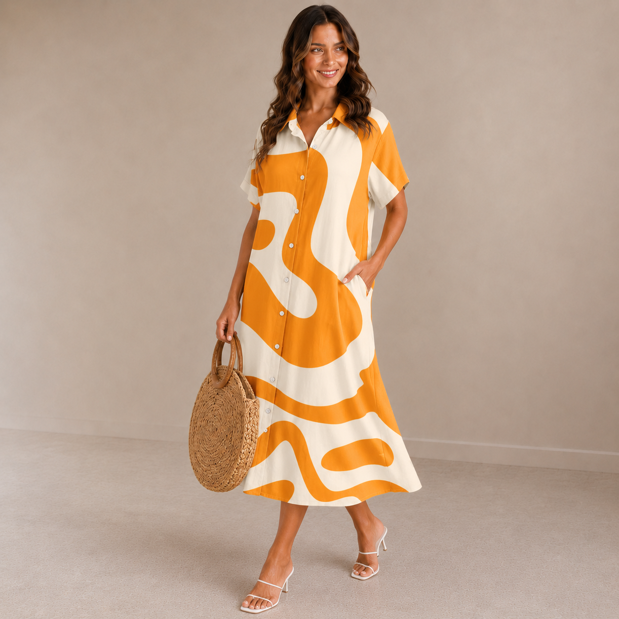 Women's Summer Dress Abstract Print Button-Front Midi Lightweight with Pockets 4