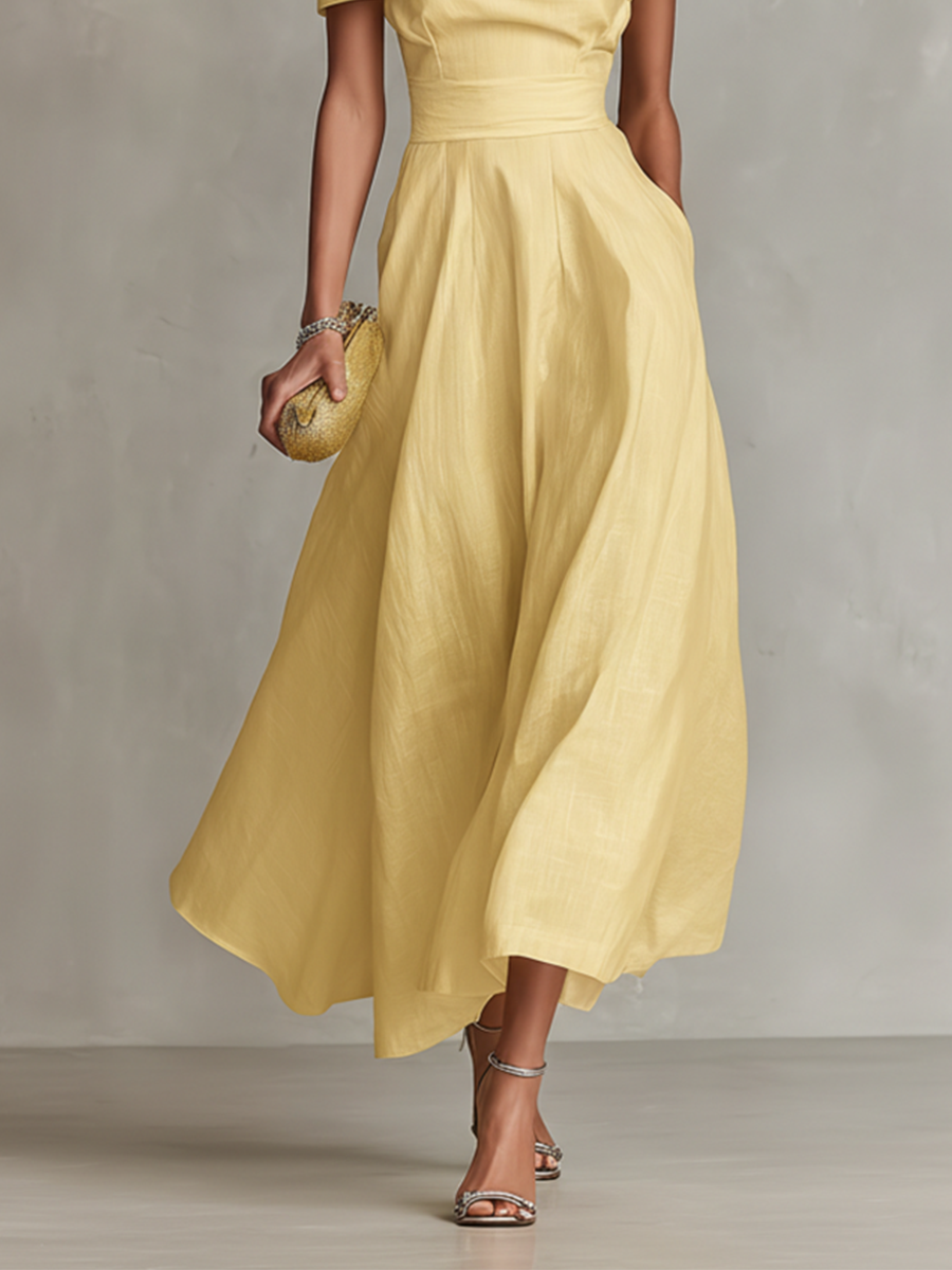 Women's Summer Dress One-Shoulder Fitted Waist Midi Yellow Linen 3
