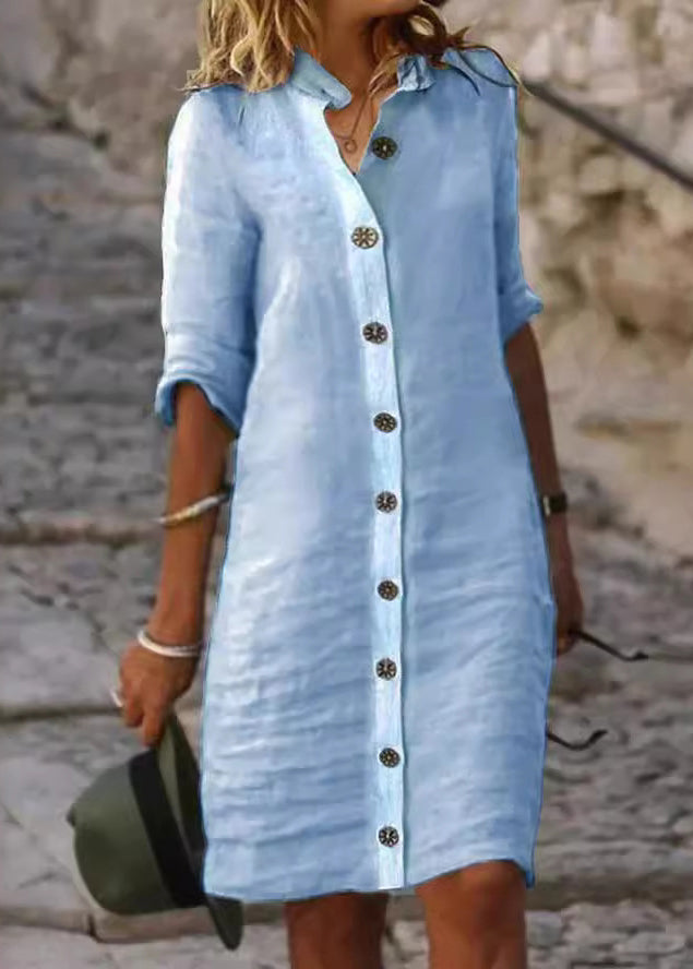 Women's Mini Sun Dress Button Front Roll Sleeve Casual