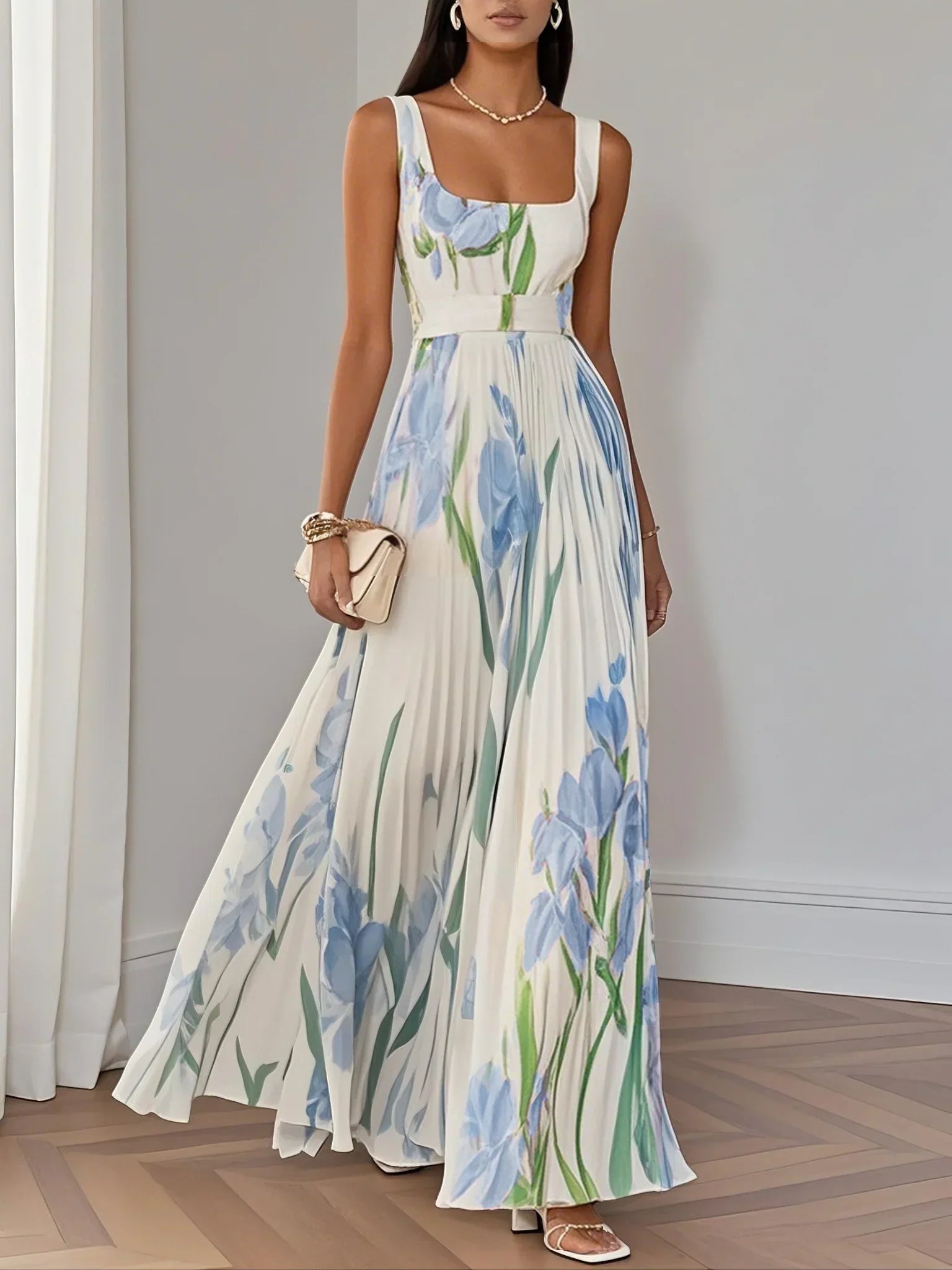 Women's Maxi Wedding Guest Dress Pleated V-Neck Long Sleeve