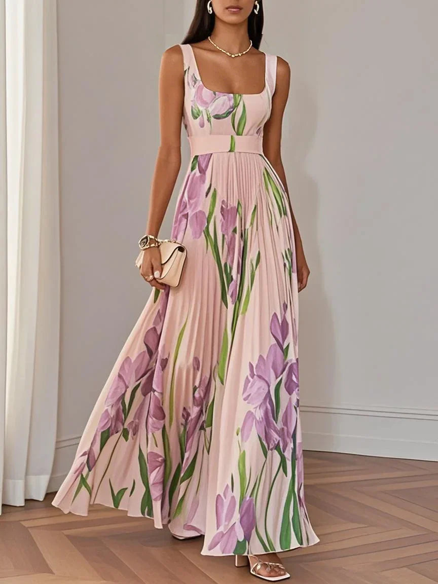 Women's Maxi Wedding Guest Dress Pleated V-Neck Long Sleeve