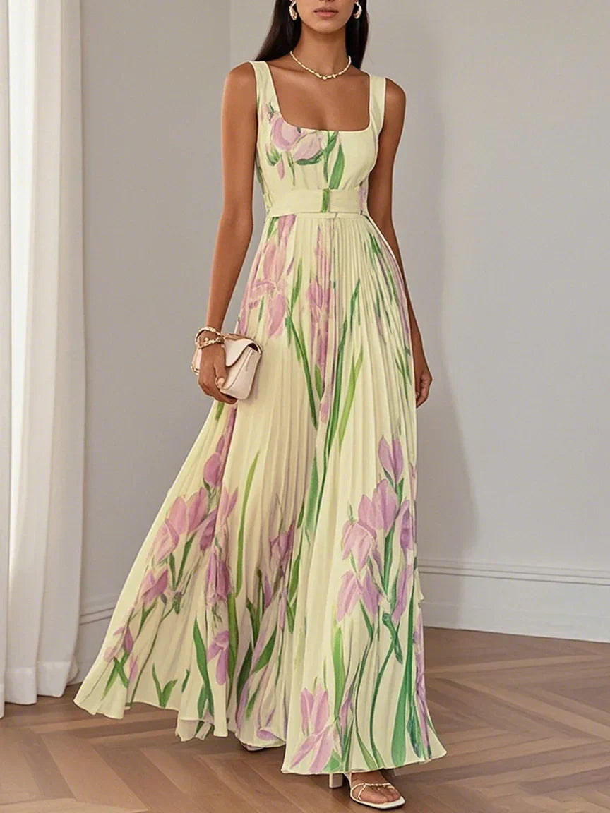 Women's Maxi Wedding Guest Dress Pleated V-Neck Long Sleeve