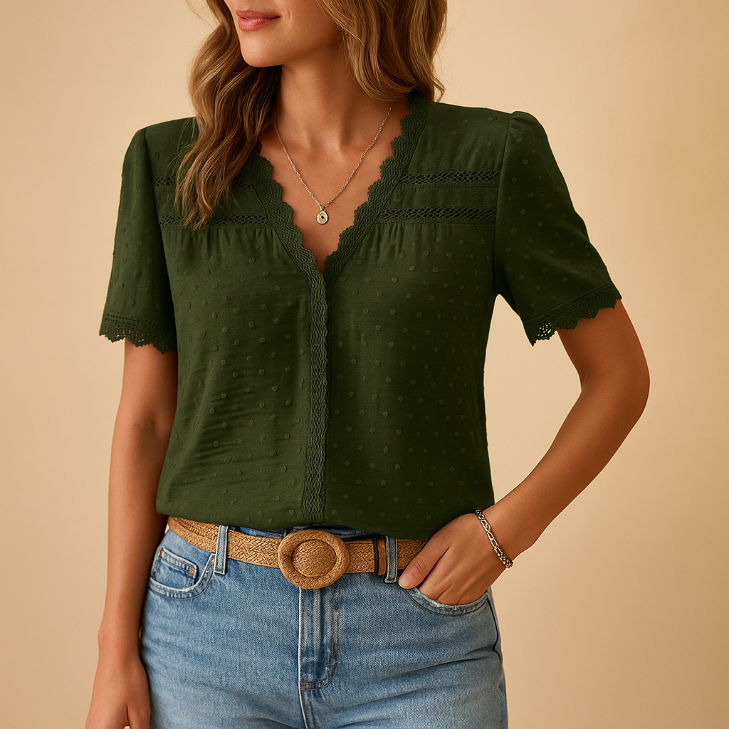 Women's Blouse V-Neck Lace Trim Short Sleeve Casual Top