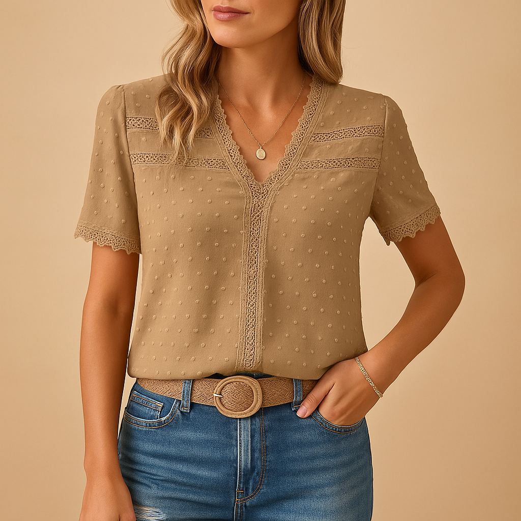 Women's Blouse V-Neck Lace Trim Short Sleeve Casual Top