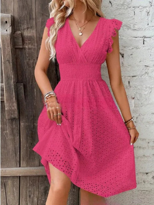 Womens Dress Polyester V-Neck Flare Sleeve Casual Summer Dress with Lace Details 11