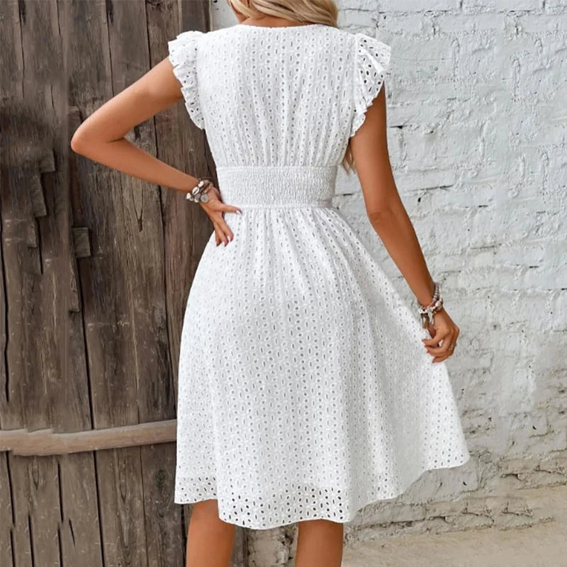 Womens Dress Polyester V-Neck Flare Sleeve Casual Summer Dress with Lace Details 2