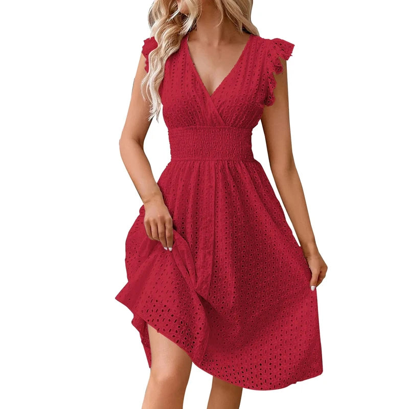 Womens Dress Polyester V-Neck Flare Sleeve Casual Summer Dress with Lace Details 6