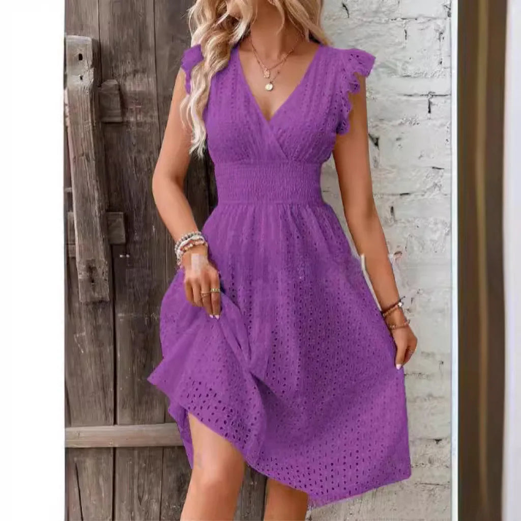 Womens Dress Polyester V-Neck Flare Sleeve Casual Summer Dress with Lace Details 7