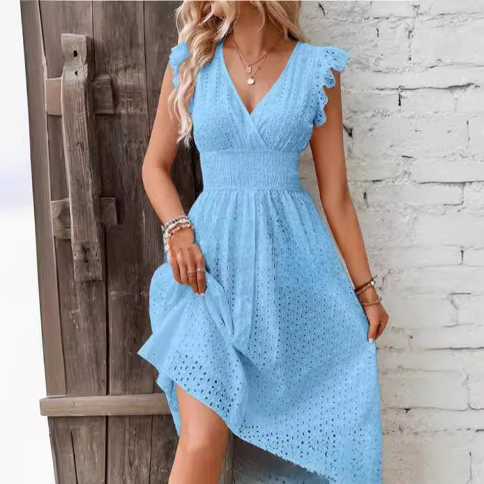 Womens Dress Polyester V-Neck Flare Sleeve Casual Summer Dress with Lace Details 9