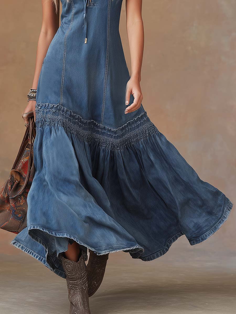Women's Maxi Dress Tie-Neck Sleeveless Bubble Hem Denim