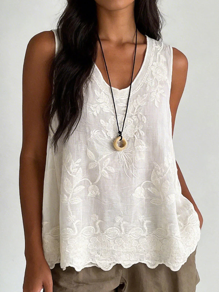 Women's Tank Top Solid Color Embroidered Sleeveless Loose Fit Round Neck