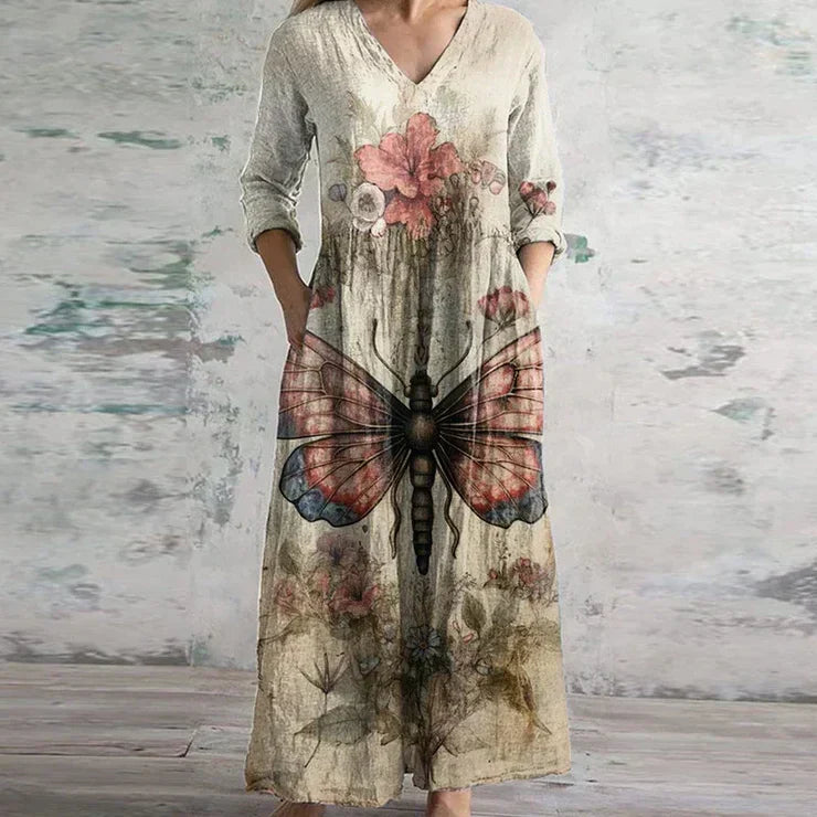 Women's Maxi Dress Retro Style V-Neck Long Sleeve Floral Print