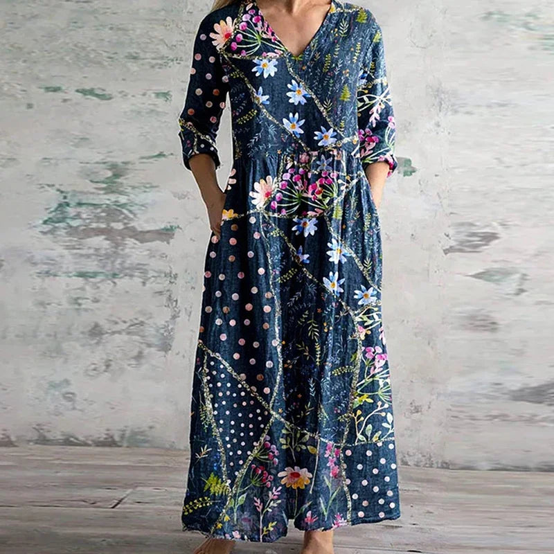 Women's Maxi Dress Retro Style V-Neck Long Sleeve Floral Print