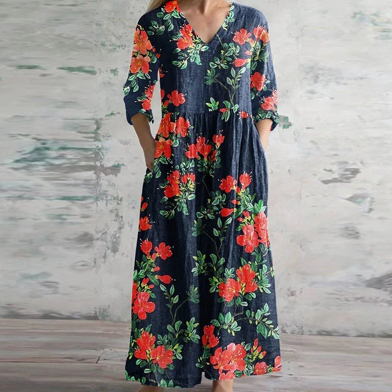Women's Maxi Dress Retro Style V-Neck Long Sleeve Floral Print
