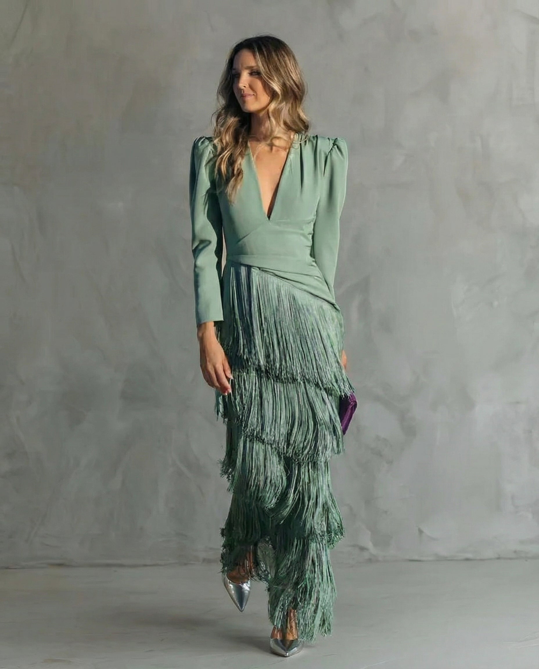 Women's Maxi Dress V-Neck Fringe Design