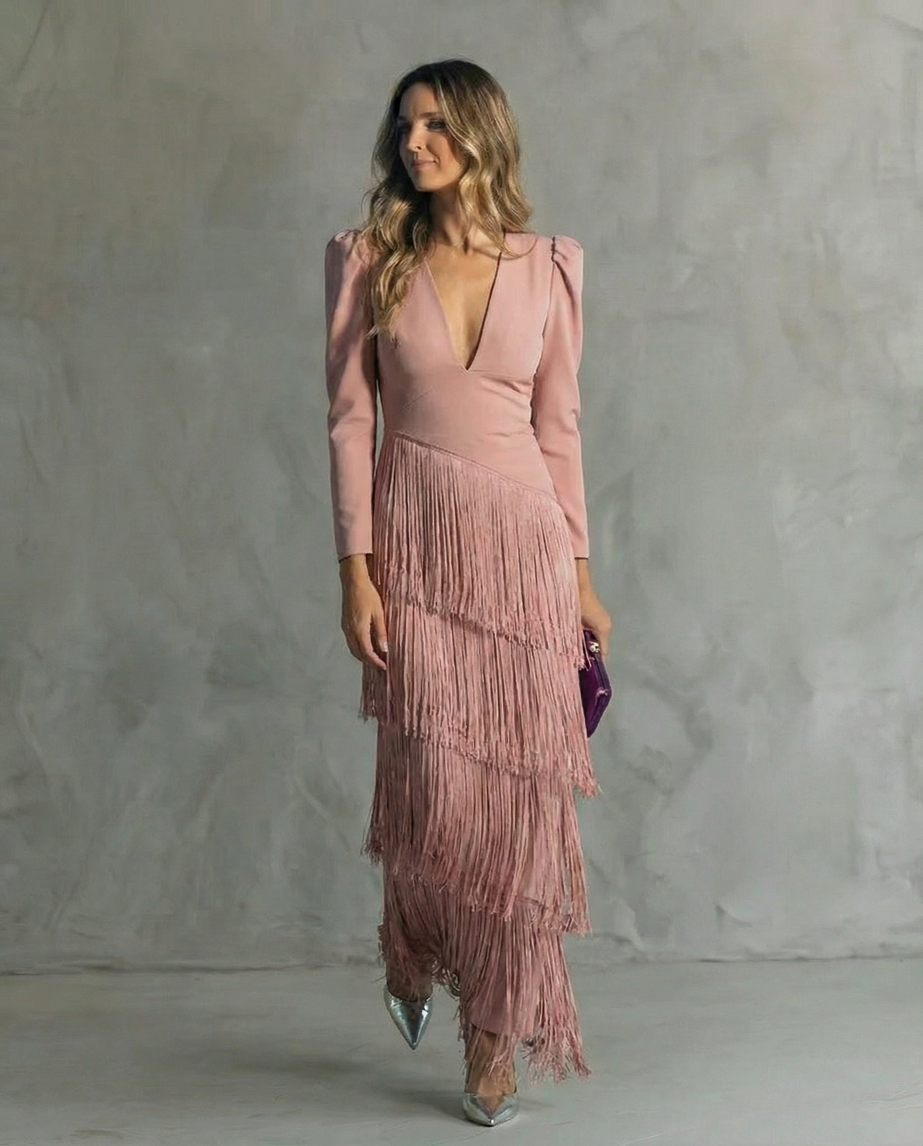 Women's Maxi Dress V-Neck Fringe Design