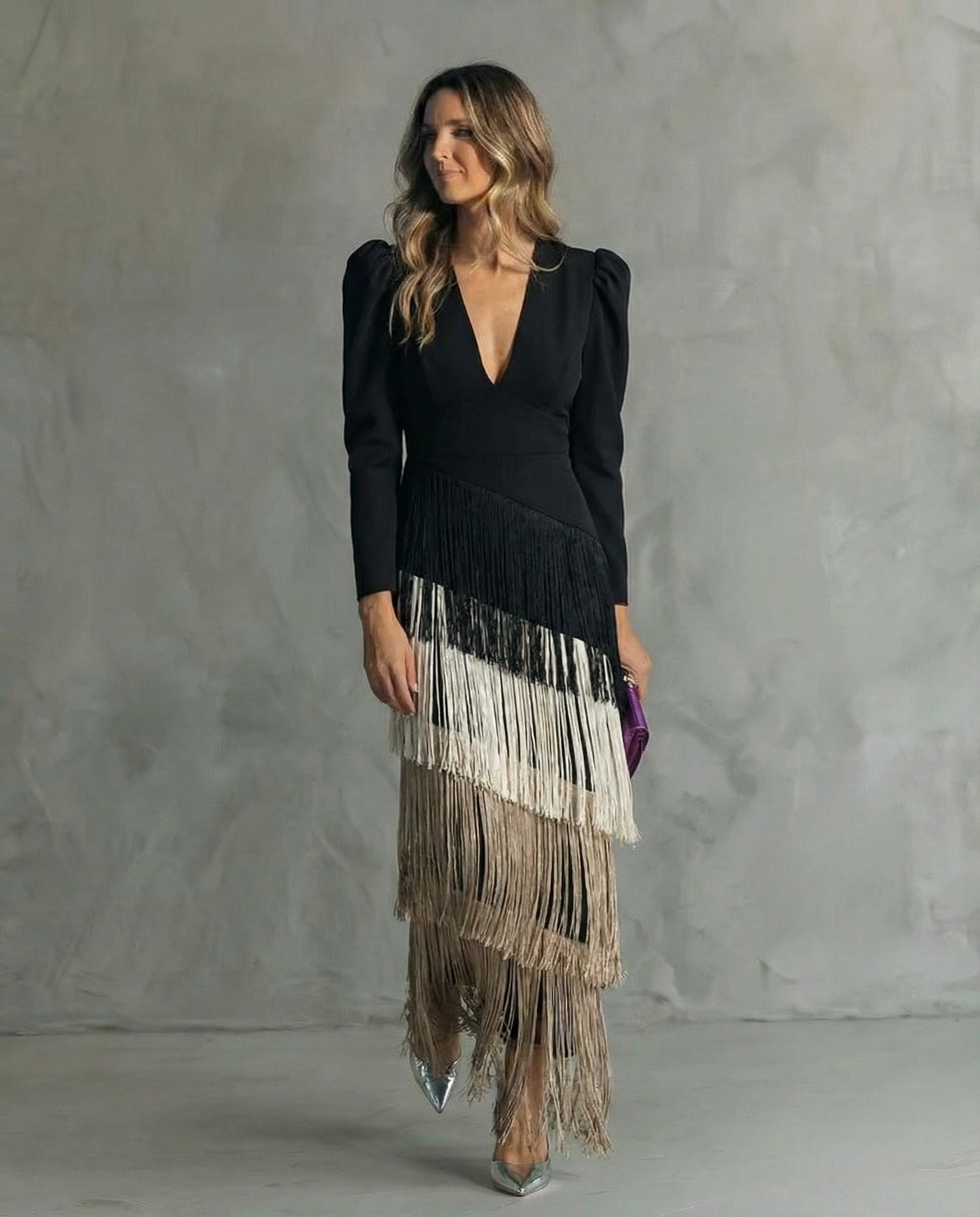 Women's Maxi Dress V-Neck Fringe Design