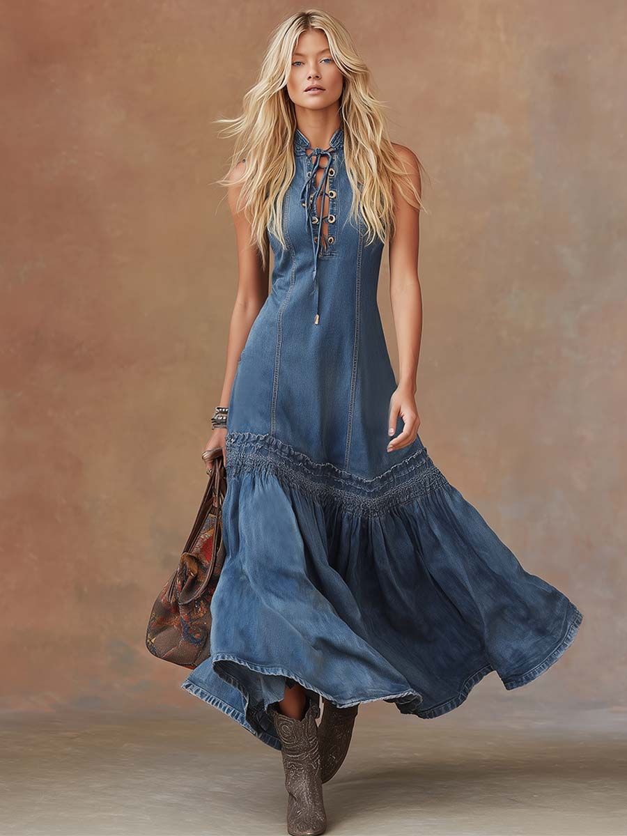 Women's Maxi Dress Tie-Neck Sleeveless Bubble Hem Denim