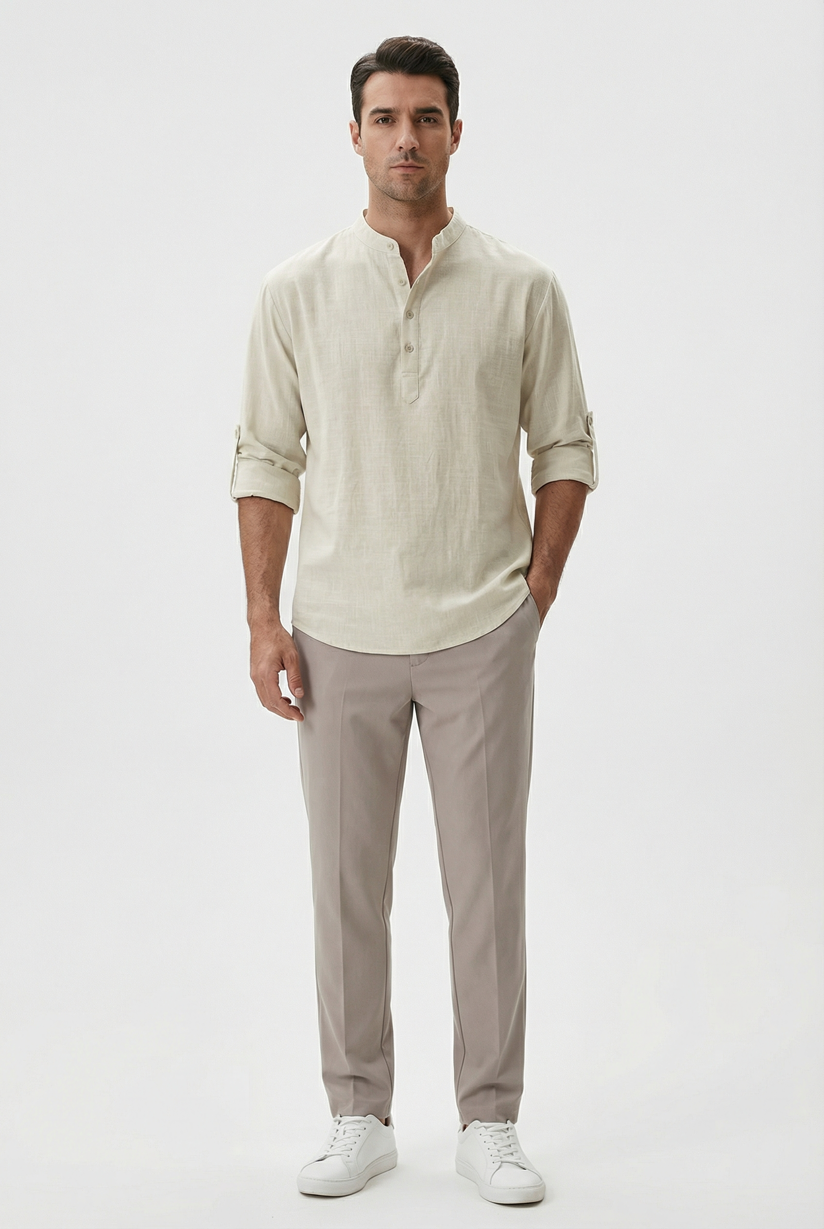 Men's Summer Shirt Linen Breathable Rolled-Up Sleeves